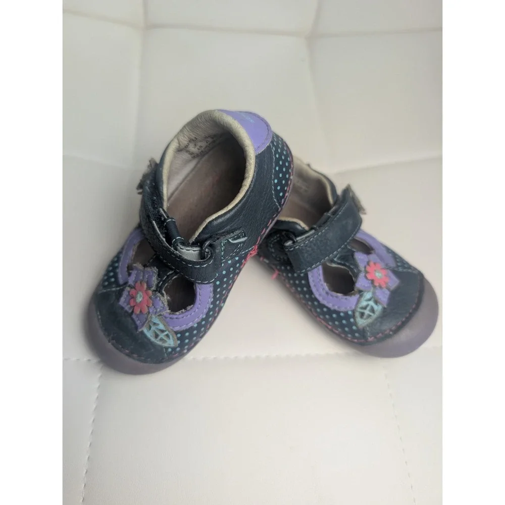 Stride Rite Toddler Girls Leather Floral Mary Jane Shoes Purple Hook & Loop Sz 5